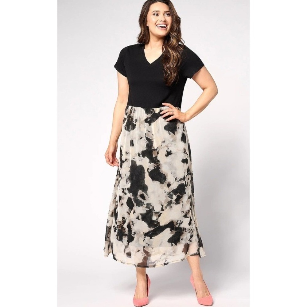 LOGO by Lori Goldstein Black V Neck Midi Dress Abstract Print Skirt XL